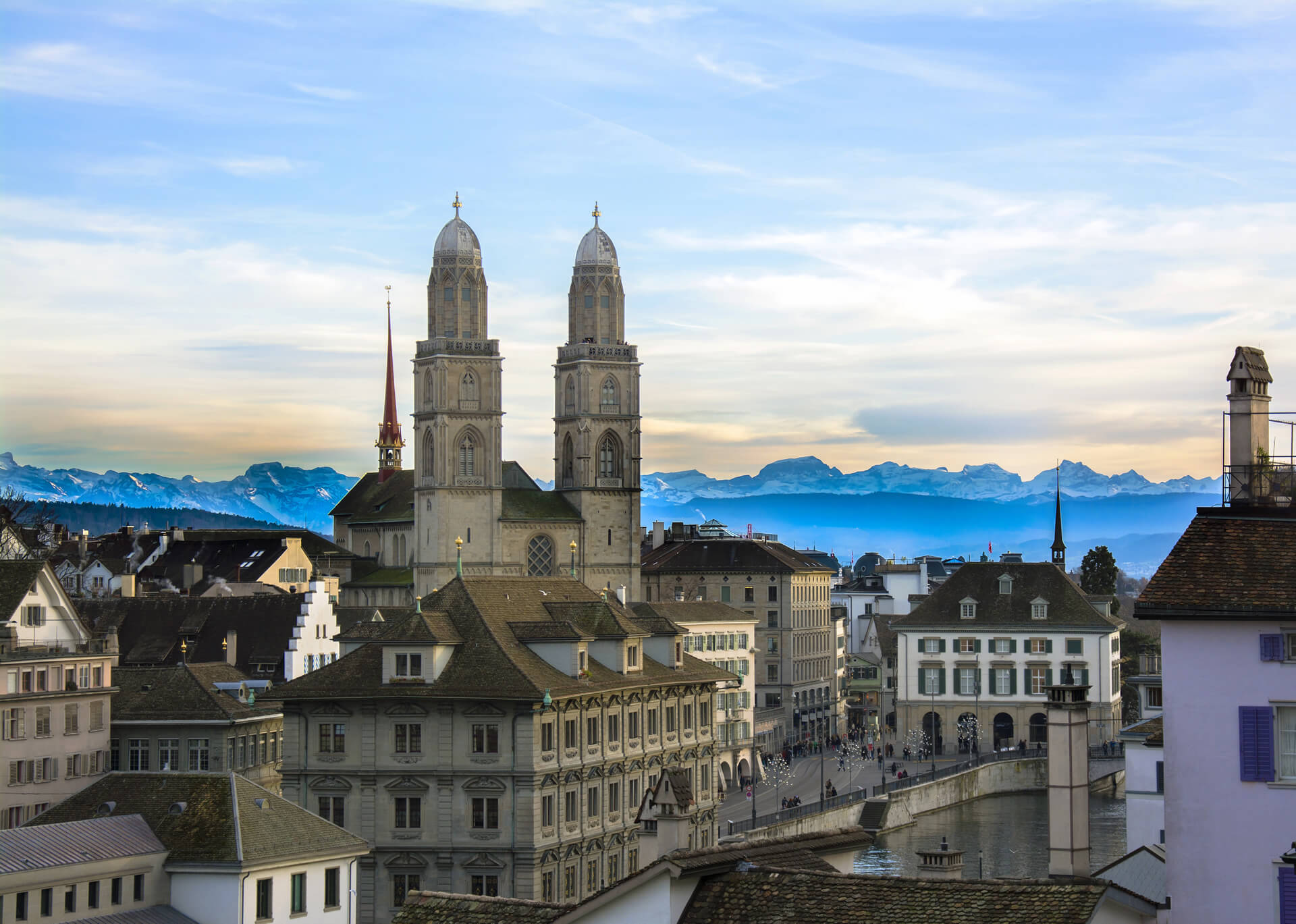 Grossmunster and the Alps in Zurich